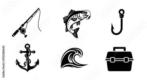 Fishing and Marine Vector Glyph Icons Set. Black and White Symbols for Angling, Boating, and Outdoor Activities, depicting Rod, Fish, Hook, Anchor, Wave, Tackle Box.