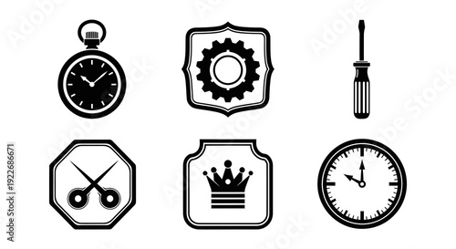 Black  White Glyph Icons Set: Industry, Business, and Service Symbols including Pocket Watch, Gear, Screwdriver, Scissors, Crown, and Clock.