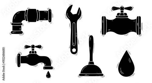 Hand-drawn Black and White Plumbing Glyph Icons Set. Doodle-style Pipe, Wrench, Valve, Faucet, Plunger, Water Drop for Repair  Maintenance Industry.