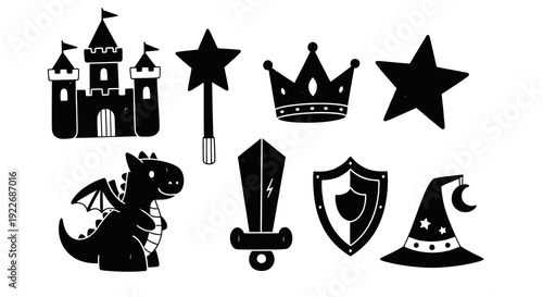 Hand-drawn Black and White Doodle Art Set of Fantasy and Fairy Tale Elements. Featuring Magic Wand, Crown, Castle, Dragon, Sword, Shield, Witch Hat, and Star Icons.