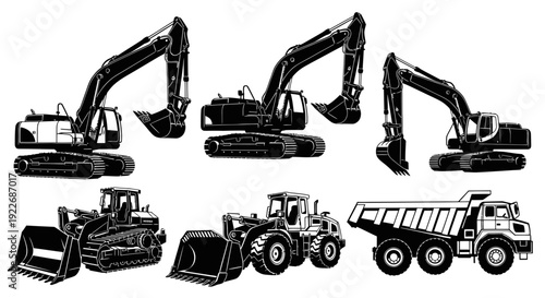 Construction Heavy Equipment Vector Line Art Set. Industrial Machinery Silhouettes: Excavators, Loaders, and Dump Truck in Black and White.
