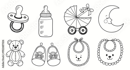 Black  White Line Art Vector Set of Baby Essentials: Pacifier, Bottle, Stroller, Teddy Bear, Shoes, Bibs, and Moon for Newborns  Infants