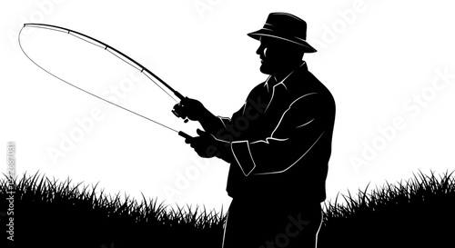 Fisherman with Fishing Rod Silhouette Outline in Grass. Black and White Vector Illustration for Outdoor Hobbies and Leisure.