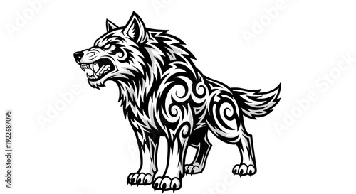 Fierce tribal wolf with swirling patterns standing strong