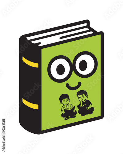 Whimsical cartoon book with animated character cover and small figures inside Vector