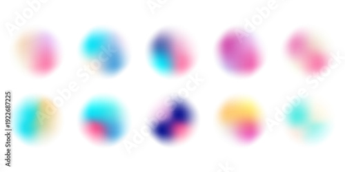 Bright colorful circle gradient set. Round blur gradation background collection. Iridescent radial blurry shape pack for poster, banner, leaflet, brochure. Eps10