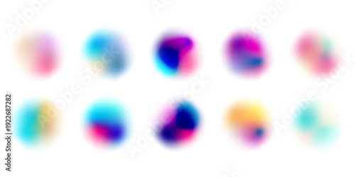 Bright colorful circle gradient set. Round blur gradation background collection. Iridescent radial blurry shape pack for poster, banner, leaflet, brochure. Eps10
