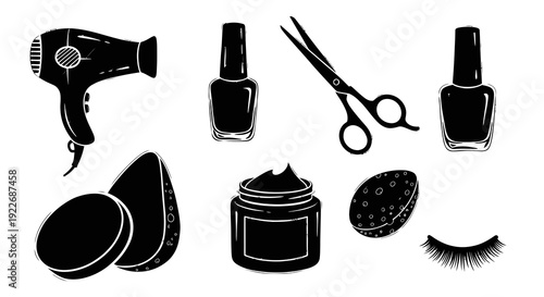 Hand-Drawn Sketchy Beauty Salon and Cosmetic Products Icons. Black and White Doodle Set with Hair Dryer, Nail Polish, Scissors, Sponges, Cream Jar, Eyelashes