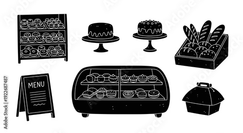 Black and White Glyph Bakery Elements Set. Food Industry Outline Vector Icons of Cakes, Bread, Pastries, Display Case, Shelf, Menu Board, and Packaging.
