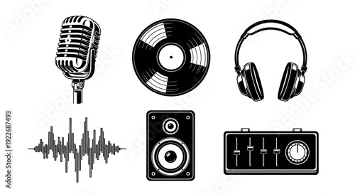 Black and White Music  Audio Studio Equipment Vector Icons. Set of classic microphone, vinyl record, headphones, sound wave, speaker, and audio mixer glyphs for sound production.