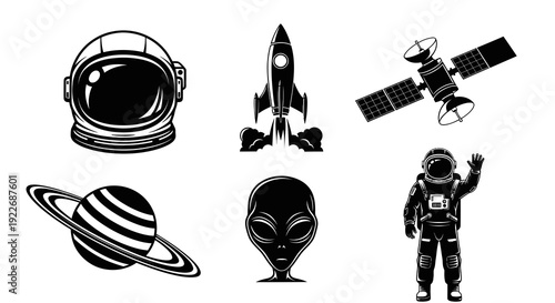 Black and White Vector Space and Astronomy Icons Set. Glyphs of Astronaut, Rocket, Satellite, Planet, and Alien for Cosmic Exploration and Sci-Fi Designs.