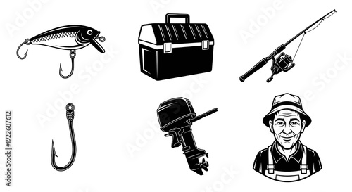Fishing Angling Equipment and Fisherman Black and White Line Art Vector Set. Tackle Box, Rod, Reel, Lure, Hook, Outboard Motor, and Happy Angler Man Icon Collection.