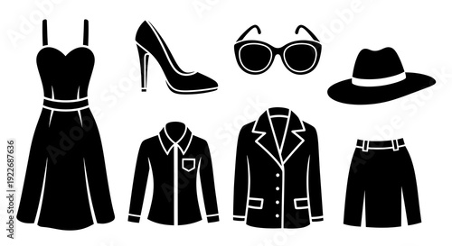 Women's Fashion Apparel and Accessories Glyph Icon Set. Black Silhouette Vector Collection with Dress, High Heel, Sunglasses, Hat, Shirt, Blazer, and Skirt for Style Design.