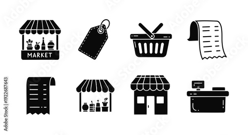 Retail and Shopping Glyph Icons Set. Market, Store, Price Tag, Basket, Receipt, and Checkout Solid Black Symbols for E-commerce and Business.
