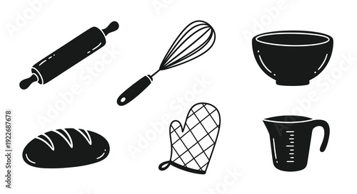 Black and White Glyph Icons Set of Baking and Cooking Utensils. Hand-drawn Kitchen Tools including Rolling Pin, Whisk, Bowl, Bread, Oven Mitt, Measuring Cup.
