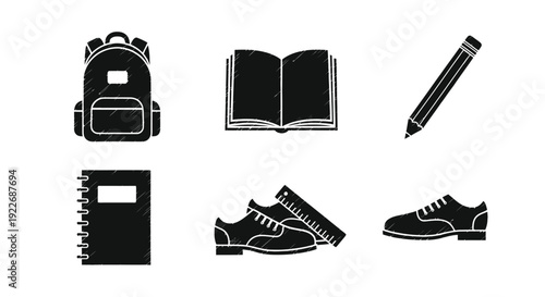 Educational School Supplies Glyph Icons with Scribble Texture: Backpack, Book, Pencil, Notebook, Ruler, and Classic Shoe in Black  White Vector Style.