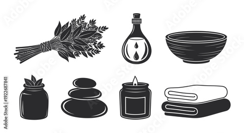 Spa and Wellness Glyph Icons Set. Black  White Line Art Collection of Relaxation and Beauty Symbols: Essential Oil, Massage Stones, Candle, Herbs, Towels, Bowl.