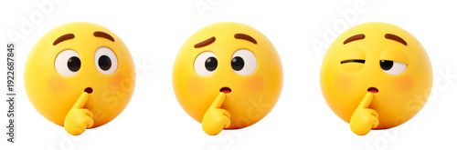 [Transparent Background PNG]Three Yellow Emojis with Finger to Lips Gesture