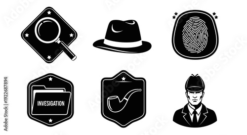 Detective Investigation Black and White Glyph Icon Set. Vector symbols of mystery, crime, and law enforcement featuring magnifying glass, fingerprint, pipe, fedora, and a detective.