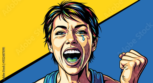 A woman with tears and an open mouth expresses her feelings