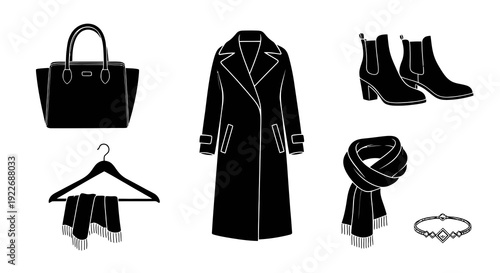 Black and White Hand-Drawn Fashion Clothing and Accessories Collection. Detailed Vector Illustration of Coat, Handbag, Boots, Scarves, and Bracelet.