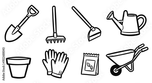 Gardening Tools and Equipment Black and White Line Art Set. Simple Icons for Horticulture, featuring Shovel, Rake, Hoe, Watering Can, Flower Pot, Gloves, Seeds, and Wheelbarrow.