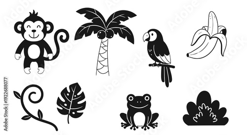 Hand-drawn Black and White Doodle Art of Jungle Animals and Tropical Plants. Monochrome Cartoon Icons of Monkey, Parrot, Frog, Palm Tree, Banana, Leaf, Vine.