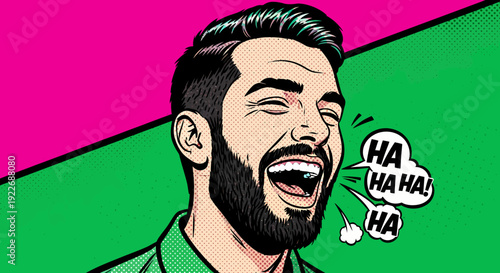 A comic style portrait of a man with a beard laughing heartily 