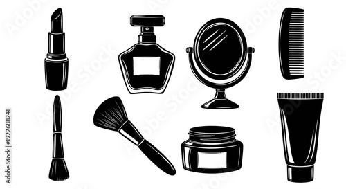 Beauty and Cosmetics Black and White Glyph Vector Icons Collection of Makeup Tools and Personal Care Products