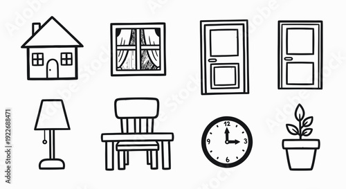 Home  Interior Design Hand-drawn Black and White Line Art Icons Set: House, Furniture, Decor, and Domestic Elements for Real Estate