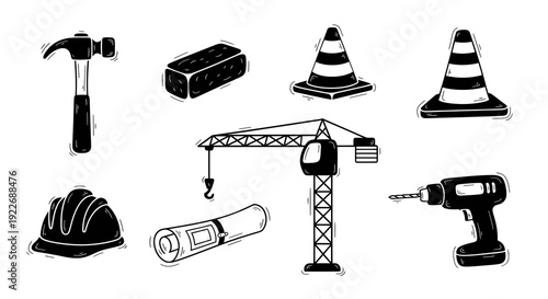 Construction Industry Hand-Drawn Glyph Icon Set in Black and White featuring tools, equipment  elements: Hammer, Drill, Hard Hat, Crane, Brick, Cones, Blueprint.