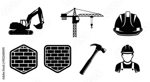 Construction Industry Glyphs  Icons Set: Excavator, Crane, Hard Hat, Builder, Hammer, Brick Wall - Essential Black  White Vector Kit