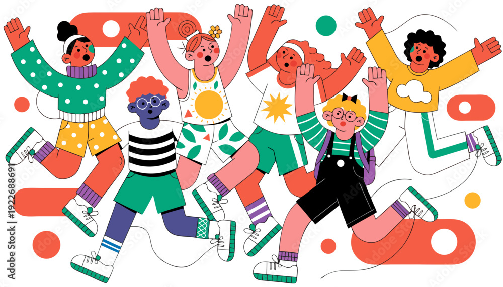 Fototapeta premium Very beautiful joyful illustration of happy kids jumping and playing in energetic action poses, colorful educational vector characters expressing friendship, teamwork, and playful childhood excitement