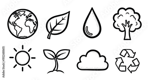 Environment and Nature Hand-drawn Icons Set. Ecology Doodle Sketch Line Art Symbols: Earth, Leaf, Water Drop, Tree, Sun, Sprout, Cloud, Recycle.