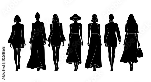 Fashion Industry Diverse Female Silhouettes in Minimalist Black and White Vector Art Style, Showcasing Elegant Clothing Outfits and Women's Apparel Design