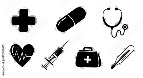 Black and White Hand-Drawn Medical Healthcare Icons Set with Stethoscope, Pill, Syringe, Heart, Cross, First Aid Kit, and Thermometer