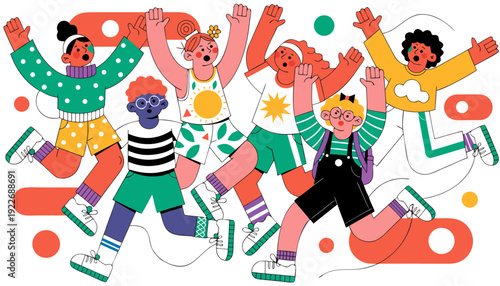 Very beautiful joyful illustration of happy kids jumping and playing in energetic action poses, colorful educational vector characters expressing friendship, teamwork, and playful childhood excitement