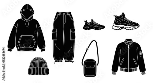 Streetwear Fashion Apparel Vector Glyphs: Black and White Line Art Icons of Hoodie, Cargo Pants, Sneakers, Beanie, Jacket, and Crossbody Bag