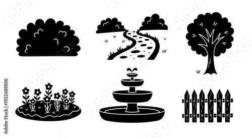 Gardening Park Elements Vector Glyph Icons Set. Black  White Nature Objects Illustrations: Bush, Tree, Path, Flowerbed, Fountain, Fence for Outdoors.