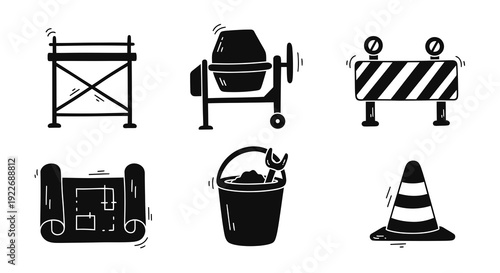Hand Drawn Black and White Doodle Glyph Construction Icons Set. Collection of Scaffolding, Cement Mixer, Barrier, Blueprint, Tools, and Traffic Cone Elements.