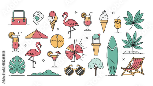Extensive set of summer vacation icons includes a flamingo, ice cream, cocktails, palm leaves, surfboards, and beach accessories.