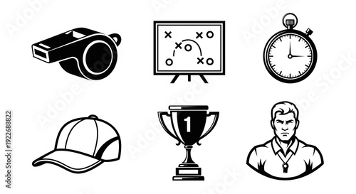 Sports Coaching Black and White Line Art Icons Set: Whistle, Tactics Board, Stopwatch, Cap, Trophy, and Coach Silhouette for Athletic Training and Management