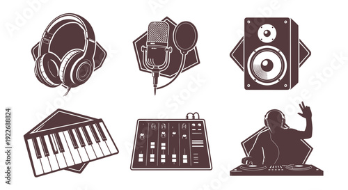 Music and Audio Production Equipment Vector Icon Set. Flat Glyph Illustration of Studio Gear like Headphones, Microphone, Speaker, Keyboard, Mixer, and DJ for Sound Engineering.