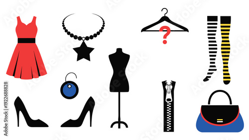 Collection of fashion and apparel icons features silhouettes of a dress, necklace, hanger, heels, stockings, and a stylish handbag.