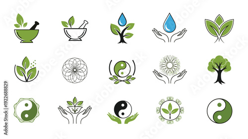 Set of green and black logos and symbols focuses on nature, health, and harmony with icons of leaves, trees, hands, and the yin yang.