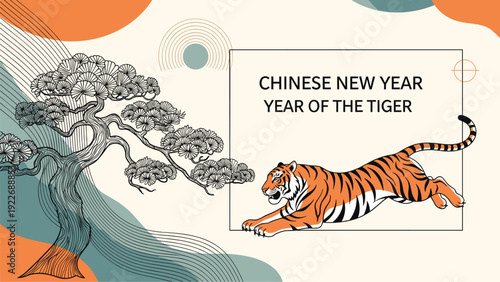 Festive Chinese New Year banner features a leaping tiger and a bonsai tree with decorative abstract shapes for the Year of the Tiger.
