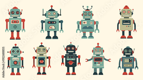 Collection of eight colorful vintage-style toy robots features various designs with gears, antennas, and glowing lights on their chests.