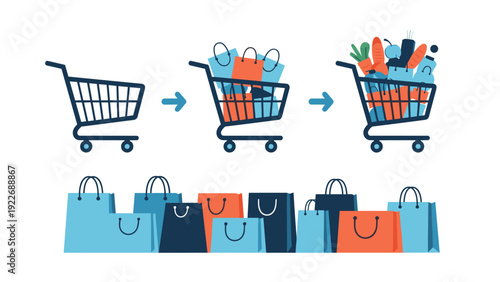 Infographic showing the progression of a shopping cart from empty to full of groceries and paper bags below for retail concept.