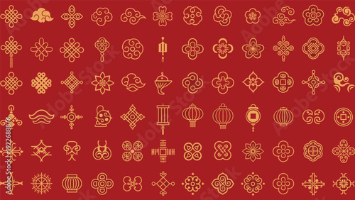 Pattern of traditional chinese golden ornaments and symbols including lanterns and clouds on a vibrant red background.