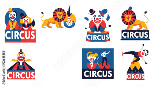 Collection of circus themed illustrations featuring clowns and lions with the word circus in a flat graphic style.